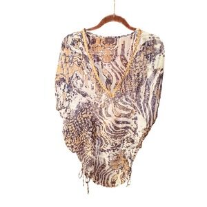 Silk Animal Print Kaftan Top Blue Gold Trim Medium Boho luxury Mob Wife Sexy Y2K